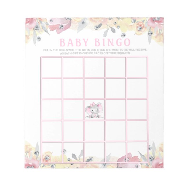 Girl Elephant Baby Shower Bingo Game Cards Anteckningsblock (Framsida)