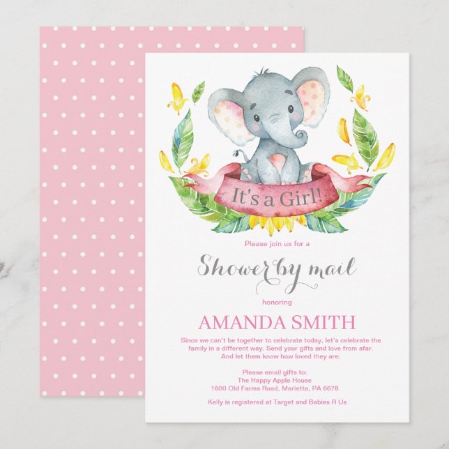 Girl Elephant Baby Shower by Mail Call Inbjudningar (Fram/baksida)