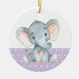 Girl Elephant Baby Shower Lila Julgransprydnad Keramik