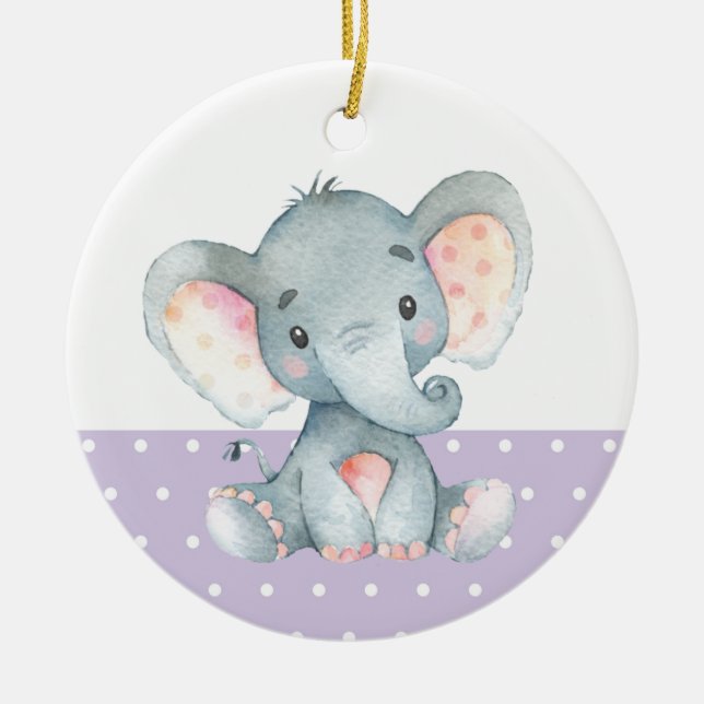 Girl Elephant Baby Shower Lila Julgransprydnad Keramik (Framsidan)