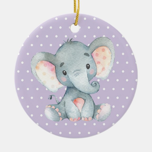 Girl Elephant Baby Shower Lila Julgransprydnad Keramik (Framsidan)