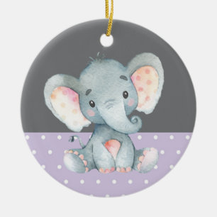 Girl Elephant Baby Shower Lila Julgransprydnad Keramik