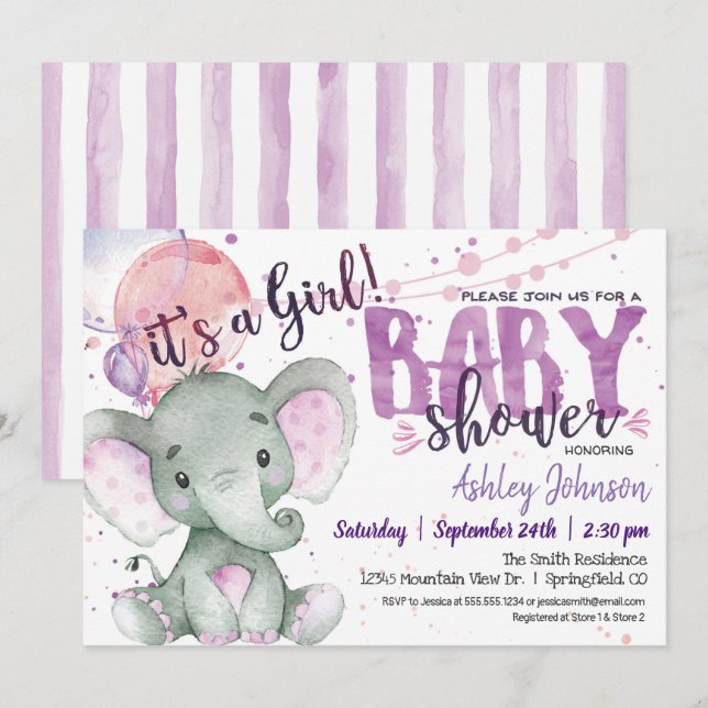 Girl Elephant Baby Shower Lila, Lavender Inbjudningar (Fram/baksida)