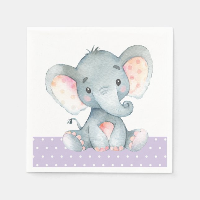 Girl Elephant Baby Shower Lila Napkins Pappersservett (Framsidan)
