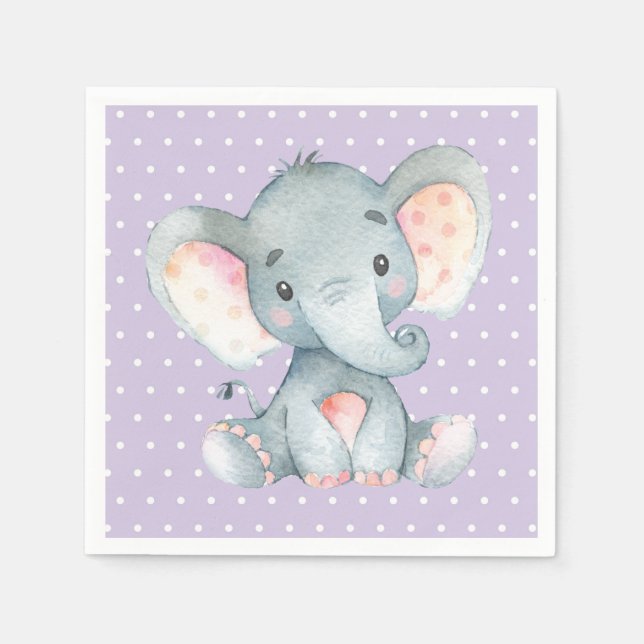 Girl Elephant Baby Shower Lila Napkins Pappersservett (Framsidan)