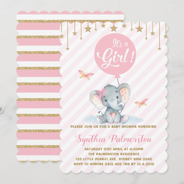 Girl Elephant Baby Shower Rosa Guld Star Inbjudan (Fram/baksida)