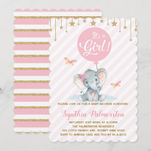 Girl Elephant Baby Shower Rosa Guld Star Inbjudan