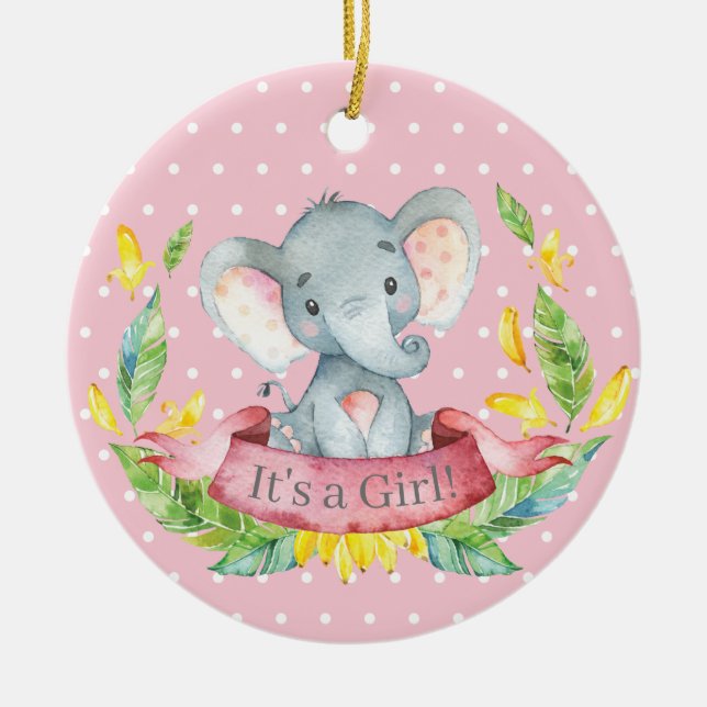 Girl Elephant Baby Shower Rosa Julgransprydnad Keramik (Framsidan)