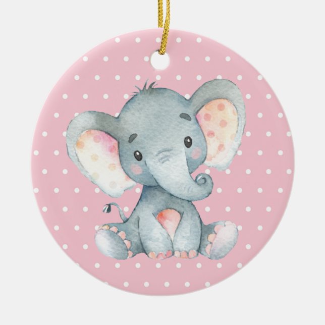 Girl Elephant Baby Shower Rosa Julgransprydnad Keramik (Framsidan)