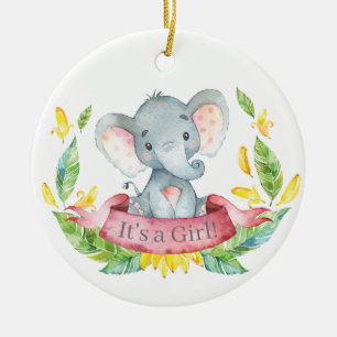 Girl Elephant Baby Shower Rosa Julgransprydnad Keramik
