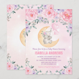 Girl Elephant Baby Shower/Rosa Lila Blommigt Inbjudningar