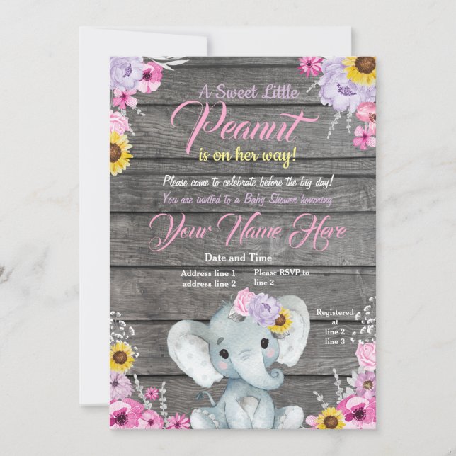 Girl Elephant Baby Shower, rosa lila gult Inbjudningar (Framsida)