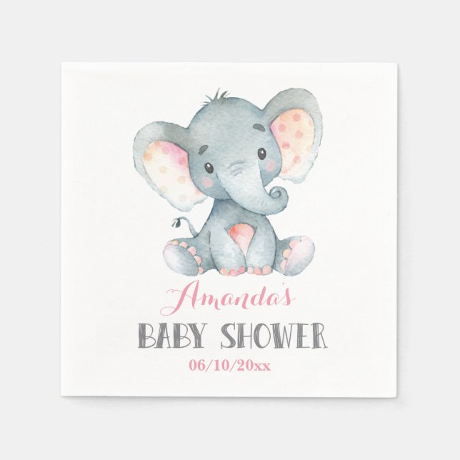 Girl Elephant Baby Shower Rosa Napkins Pappersservett (Framsidan)