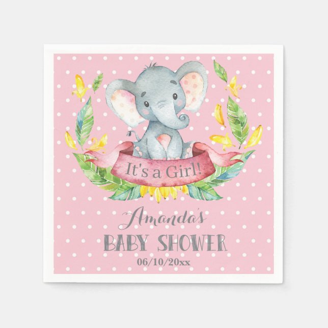 Girl Elephant Baby Shower Rosa och Grått Napkins Pappersservett (Framsidan)
