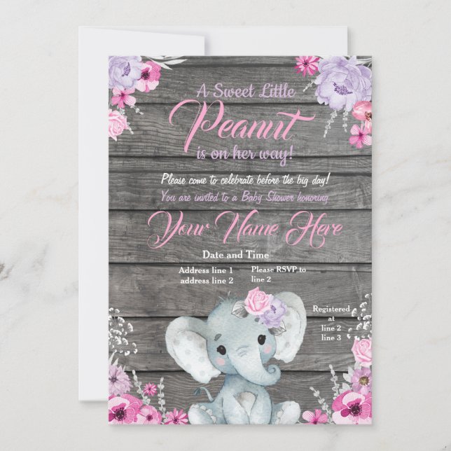 Girl Elephant Baby Shower, Rustic, rosa lila Inbjudningar (Framsida)