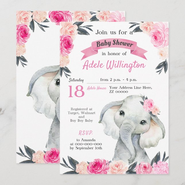 Girl Elephant Blommigt Rosa ros Rustic Elegant Inbjudningar (Fram/baksida)