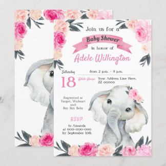 Girl Elephant Blommigt Rosa ros Rustic Elegant Inbjudningar