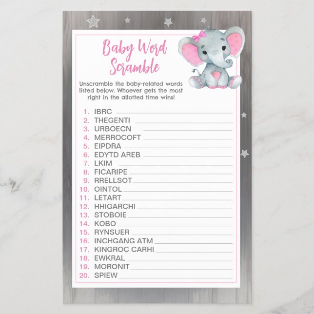 Girl Elephant Crescent Stars Ord Scramble Game Flygblad (Framsidan)
