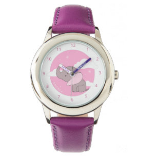 Girl Elephant Cute Rosa Dreamy Clouds Kids Namn Armbandsur