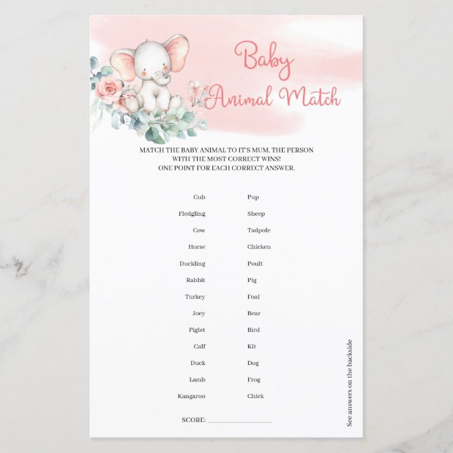 Girl Elephant Eucalyptus wandan Baby djur Match (Framsida)