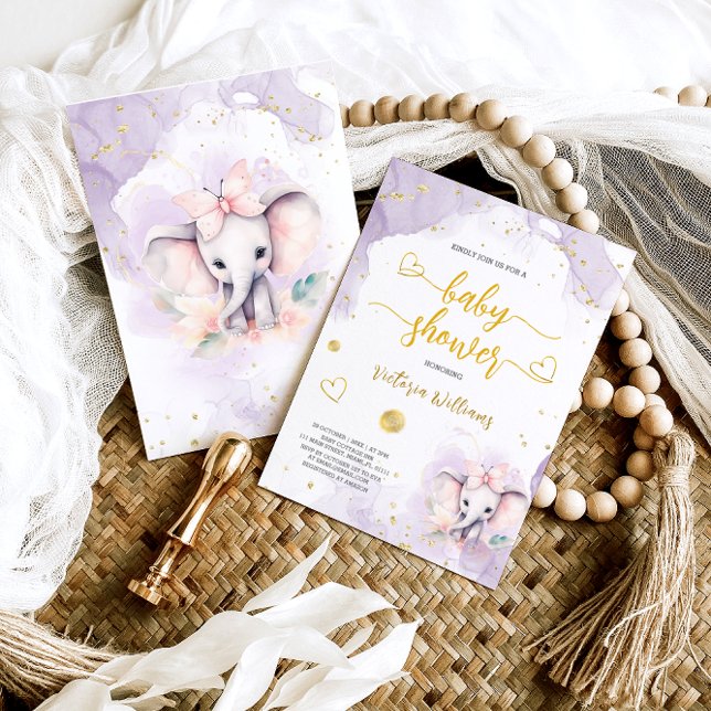 Girl Elephant med Butterfly Lilac Baby Shower Inbjudningar (Skapare uppladdad)