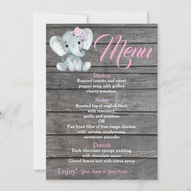 Girl Elephant Menu Card for Baby Shower-födelsedag Inbjudningar (Framsida)