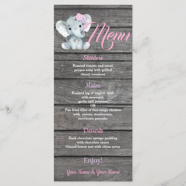 Girl Elephant Menu Card for Baby Shower-födelsedag Meny (Framsida)