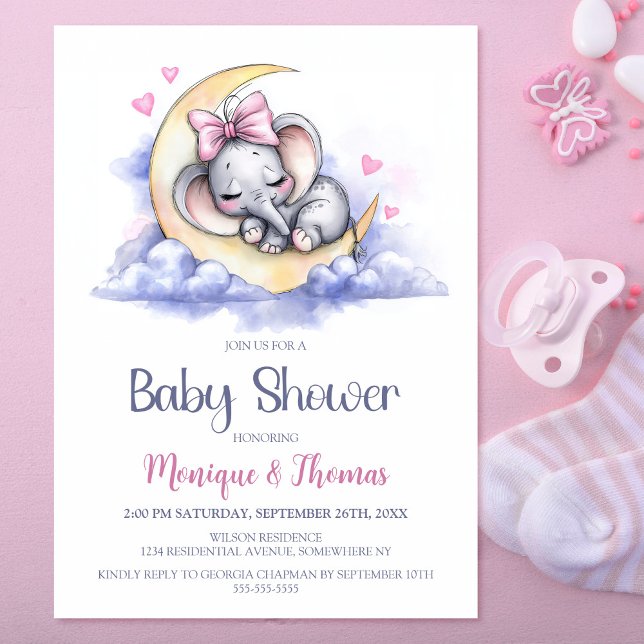 Girl Elephant Moon Baby Shower Inbjudningar (Skapare uppladdad)