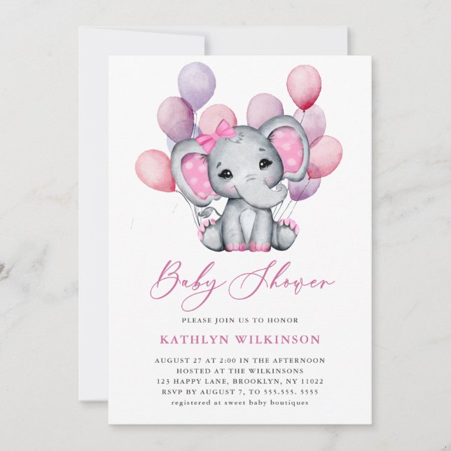 Girl Elephant Rosa Balloon Script Cute Baby Shower Inbjudningar (Framsida)