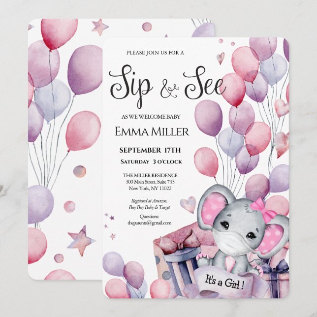 Girl Elephant Rosa Balloons Baby Sip och se Inbjudningar (Fram/baksida)