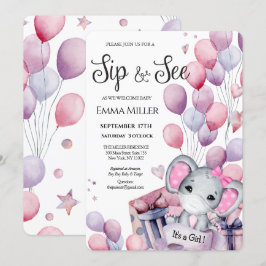 Girl Elephant Rosa Balloons Baby Sip och se Inbjudningar