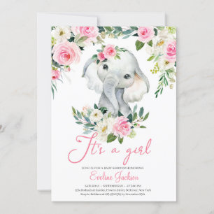 Girl Elephant rosa blommor greenery foliage Inbjudningar