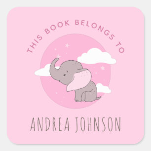 Girl Elephant Rosa Dreamy Clouds Kids Bookplate Fyrkantigt Klistermärke