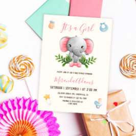Girl Elephant Rosa Watercolor Baby Shower Inbjudningar