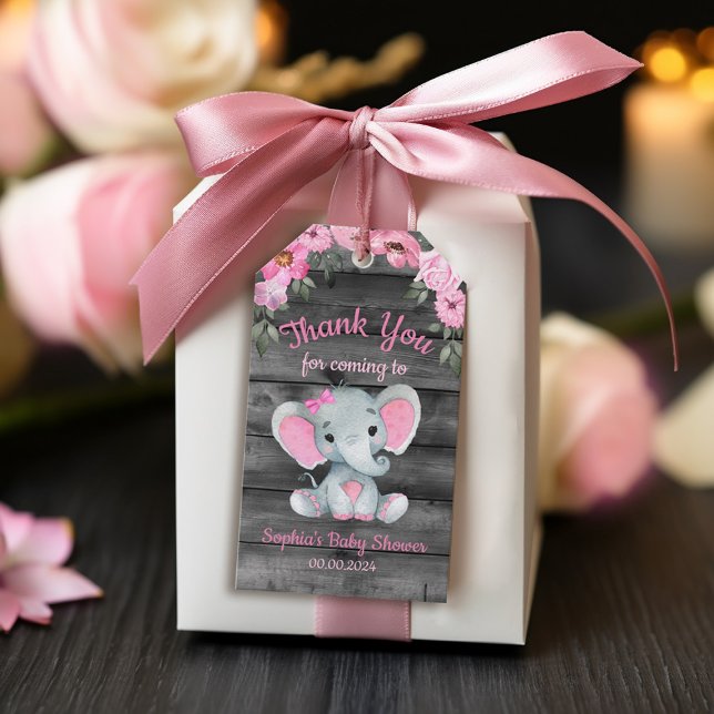 Girl Elephant Shower Blommigt Rosa Gift Märkres fo Presentetikett (Floral Pink Girl Elephant Thank You Favor Tags)