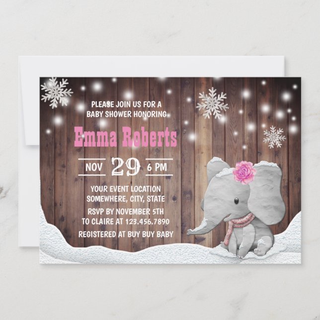 Girl Elephant Snowflaes Rustic Winter Baby Shower Inbjudningar (Framsida)