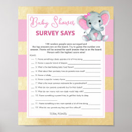 Girl Elephant Survey säger Baby Guld Shower Game Poster