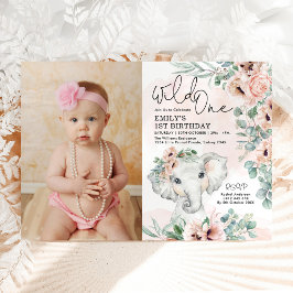 Girl Elephant Vild 1  Blommigt Birthday Photo Inbjudningar