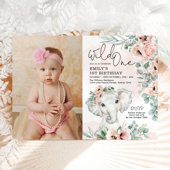 Girl Elephant Vild 1  Blommigt Birthday Photo Inbjudningar (Skapare uppladdad)