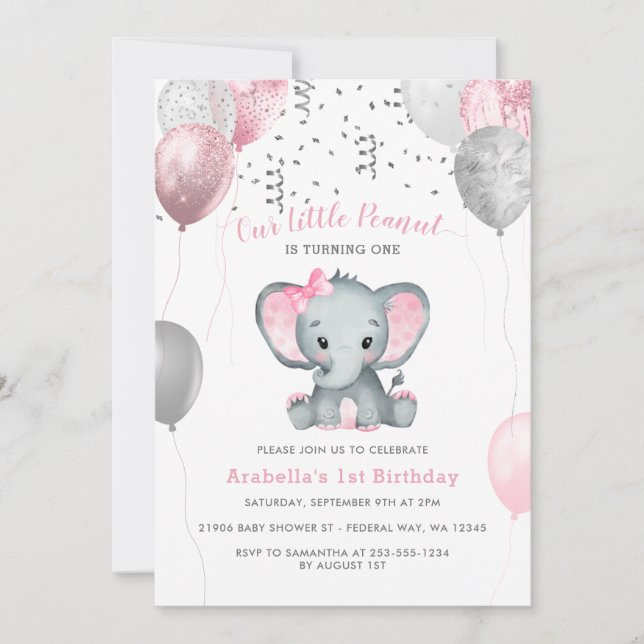 Girl Elephant Watercolor Balloons 1st Birthday Inbjudningar (Framsida)