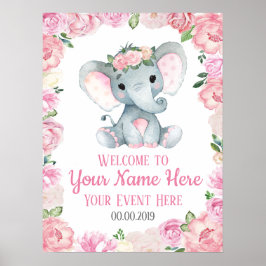 Girl Elephant Welcome Sign Baby Ro Blommigt Poster