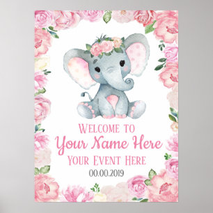 Girl Elephant Welcome Sign Baby Ro Blommigt Poster