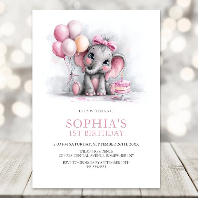 Girl Elephant with Balloons 1st Birthday Party Inbjudningar (Skapare uppladdad)