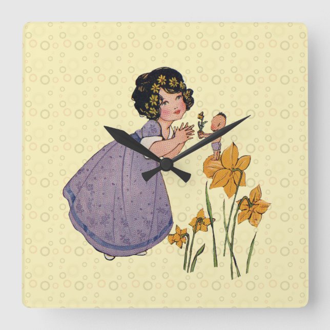 Girl Elf Fairy Daffodil Antique Påsk Fyrkantig Klocka (Framsida)