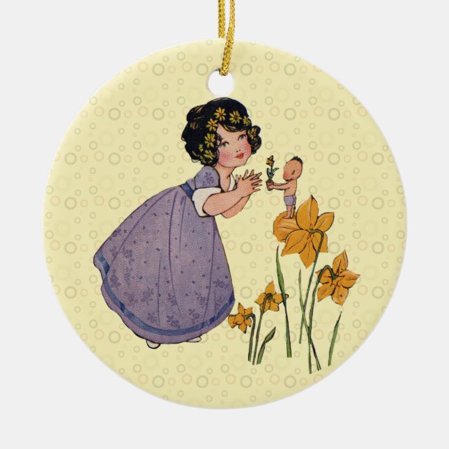 Girl Elf Fairy Daffodil Antique Påsk Julgransprydnad Keramik (Framsidan)