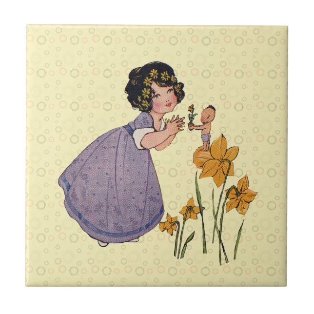 Girl Elf Fairy Daffodil Antique Påsk Kakelplatta (Framsidan)