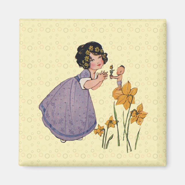 Girl Elf Fairy Daffodil Antique Påsk Magnet (Framsidan)