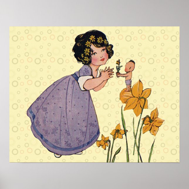 Girl Elf Fairy Daffodil Antique Påsk Poster (Framsidan)