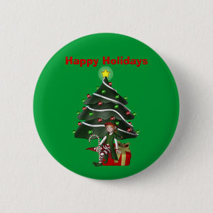 Girl Elf Träd Present jul Helgdag Button Pin Knapp