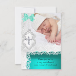 Girl eller Boy Baptism Jade Teal White Snöre Photo Inbjudningar